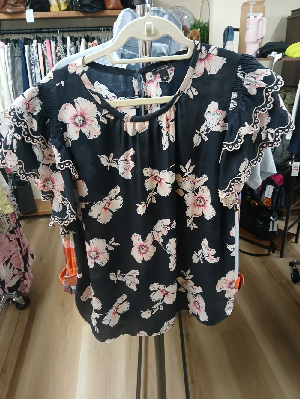 Ann Taylor Navy Floral Ruffle Sleeve Blouse Aand Skirt